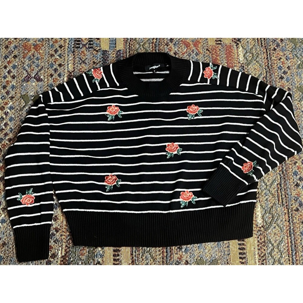 DESIGUAL Boxy Crop Sweater Black Striped Embroidered Sequin Flower Sz L